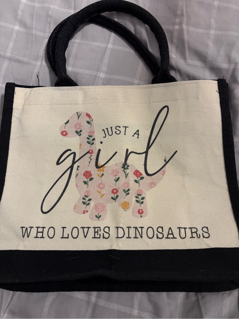 461- Canvas Kids Tote Bag - Just a Girl Who Loves Dinosaurs - Cream & Black